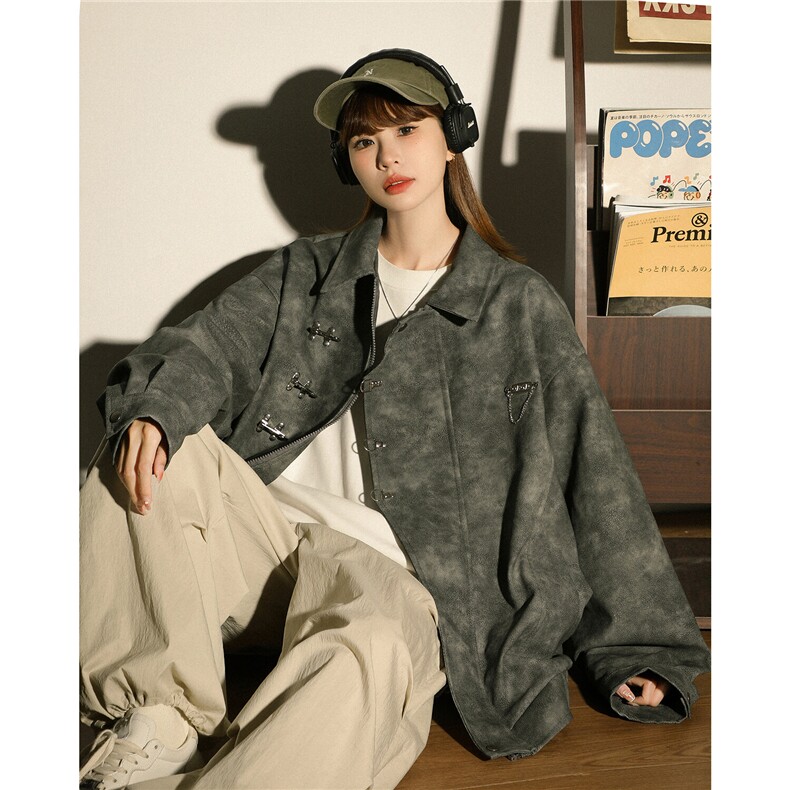 1抖音148大码M-5XL粉色皮衣宽松情侣女夹克男77083P105，女装皮衣，星座226-2