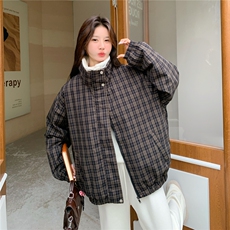 复古格子羊羔毛翻领羽绒服女2025冬季短款加厚面包服宽松保暖外套，女装羽绒服，艾米莉亚