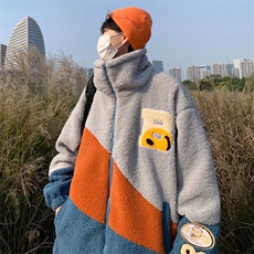 现货秋冬季加厚羊羔绒外套男拼色棉袄港风宽松潮流棉服W2370-P52，男装棉衣，星座512-2