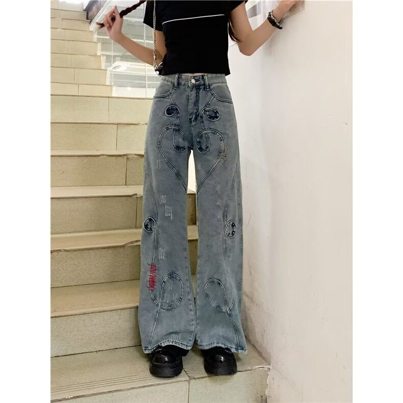 美式复古小众设计感刺绣牛仔裤男女亚比喇叭裤宽松阔腿拖地长裤子,男装牛仔裤,星座506A