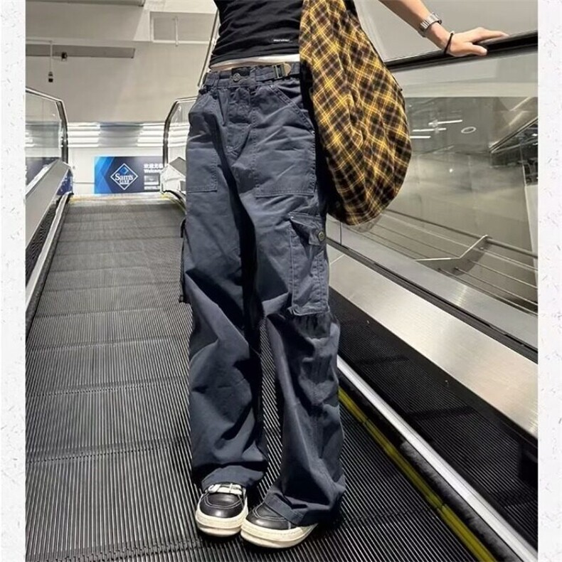 美式复古水洗多口袋工装牛仔裤女春秋款高街设计感高腰窄版直筒裤,男装休闲裤,星座813-2