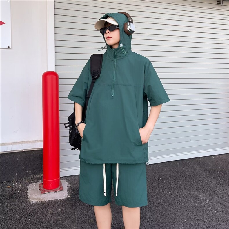 风套装工装款短袖男短裤休闲宽松外套衬衣薄款连帽TW64,男装牛仔裤,星座1116A-1（原606A）