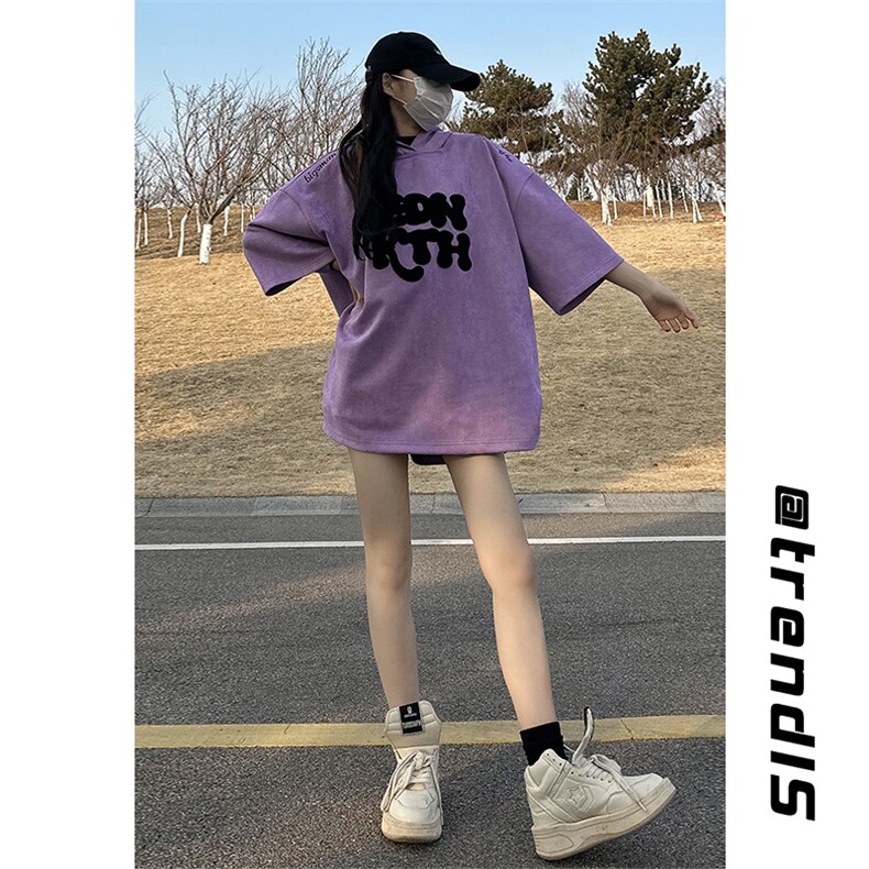 2023夏季新款港风女模大码麂皮绒连帽短袖T恤M-5XHT23153-P50,男装T恤,电商A022