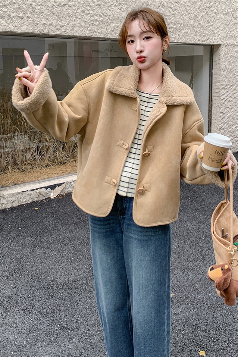 2024年冬季新款宽松气质休闲保暖短款羊羔毛翻领皮毛一体外套,女装羊羔毛/颗粒绒,流量+