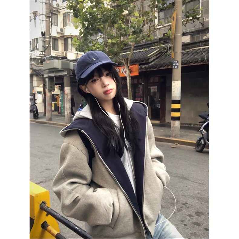 抖音得物高品质二开26春装美式重磅宽松结构双面连帽卫衣外套W68,女装短外套,电商A486-1
