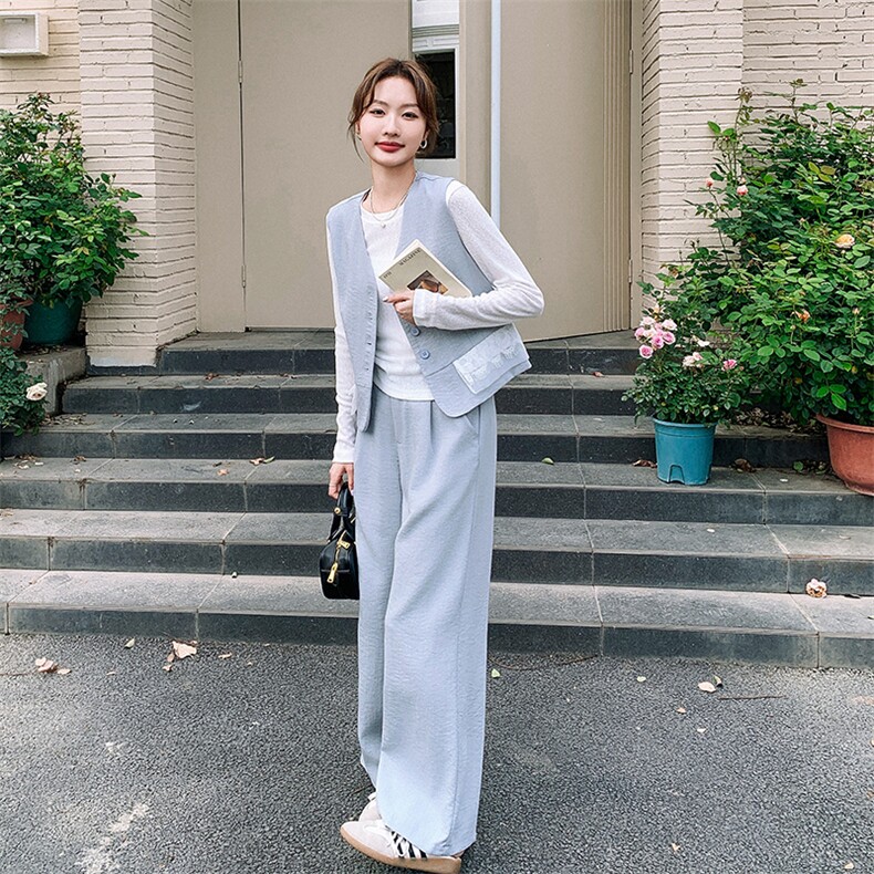 小众设计感蕾丝拼接马甲套装女2025春季韩系休闲百搭阔腿裤三件套图片