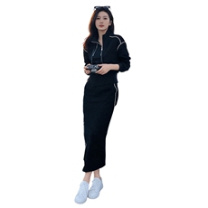 女春新款时尚洋气修身减龄开叉半身裙套装韩版收腰短款卫衣两件套，女装套装/套裙，2C310