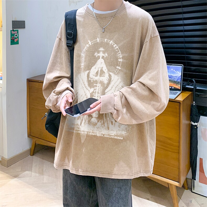 抖音供货、秋季现货水洗棉宽松重磅长袖T恤D223A-ST2385-特P38,男装T恤,电商019-1