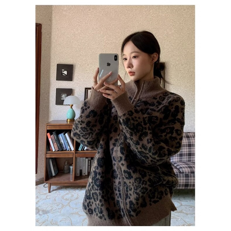 美式复古豹纹立领拉链开衫外套女常规潮长袖休闲半高领SWA242,女装短外套,星座516A
