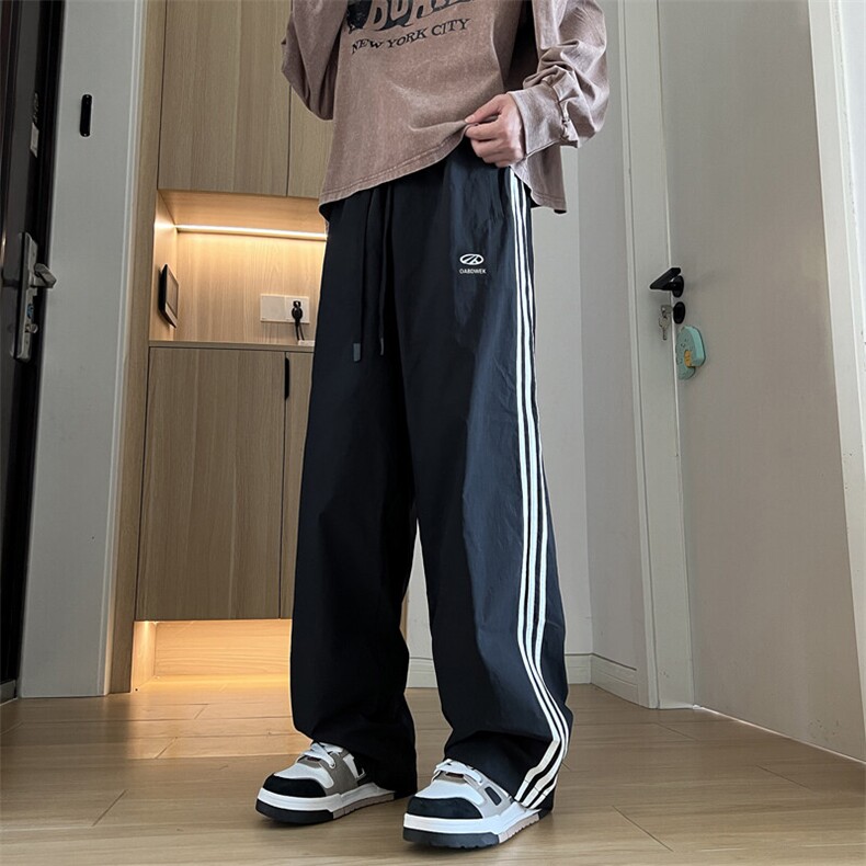 冰丝裤子男夏季薄款潮牌宽松三条杠直筒阔腿裤潮流休闲凉感运动裤,男装休闲裤,星座308B-1