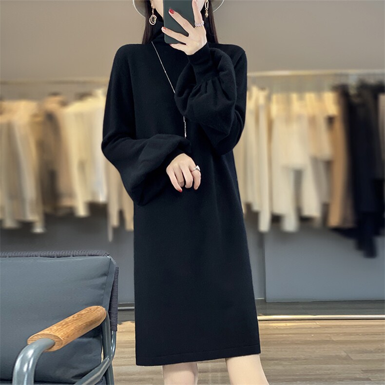 连衣裙女2024年秋季新款时尚高翻领灯笼袖长裙,女装连衣裙,盛鼎羊绒