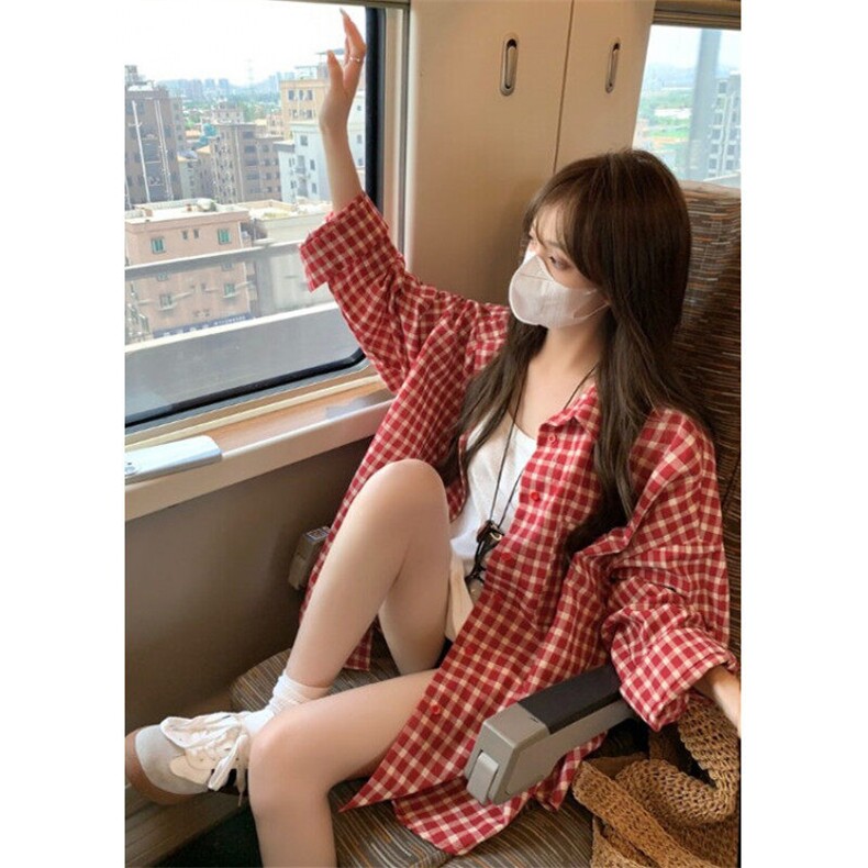 复古甜格~红色休闲格子衬衫外套女春秋季宽松中长款衬衣CB255,男装衬衫,星座1116A（原606A-3）