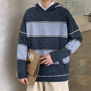ins连帽条纹毛衣男士套头连帽针织衫青年外套xj104图片