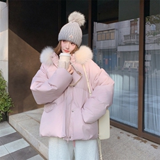 狐狸毛领粉色连帽短款羽绒服女冬季超火好看高级小众加厚保暖外套，女装羽绒服，2C016