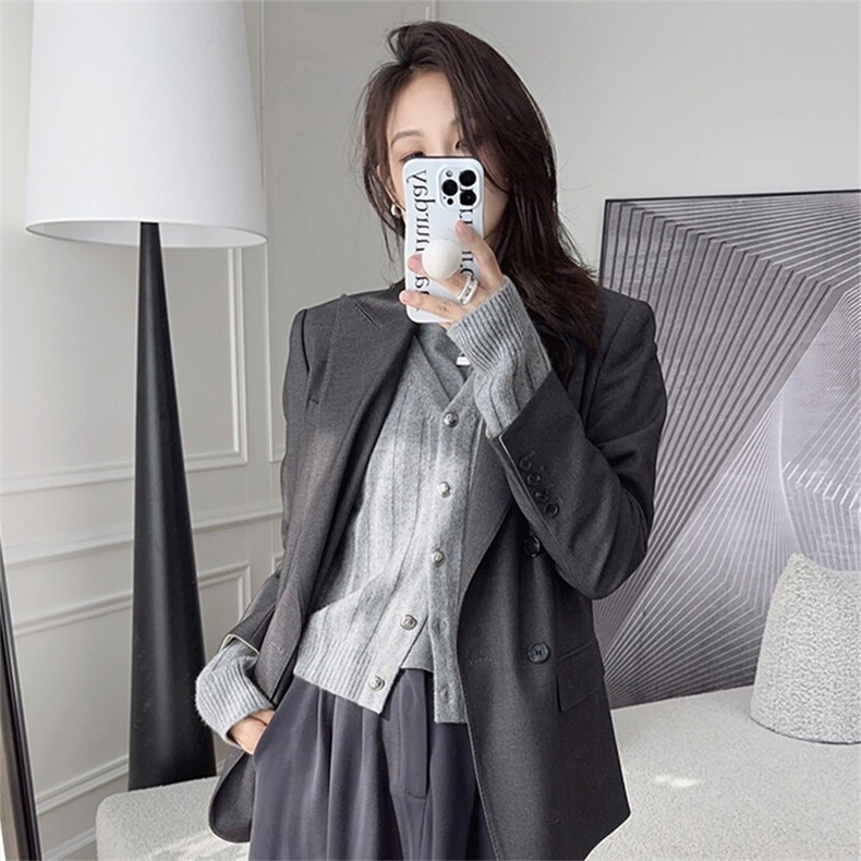 时尚百搭V领弹力羊毛开衫女款修身显瘦长袖针织衫外套,女装羊毛衫,泰沅羊绒