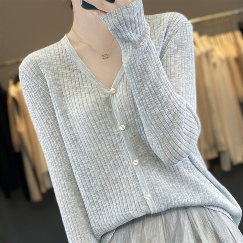 春夏轻薄百搭凉感竹节纱开衫领冰丝夏季新款遮阳针织防晒空调上衣，女装防晒衣，雪真羊绒