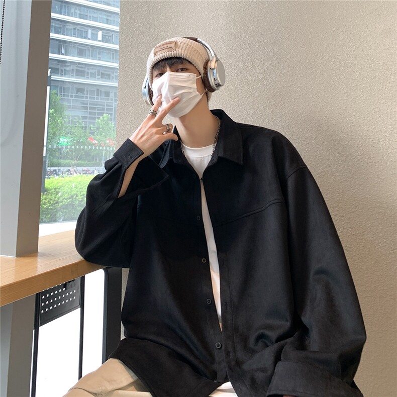 港风咖啡厅麂皮绒长袖翻领衬衫S70P48控68,男装衬衫,电商A247