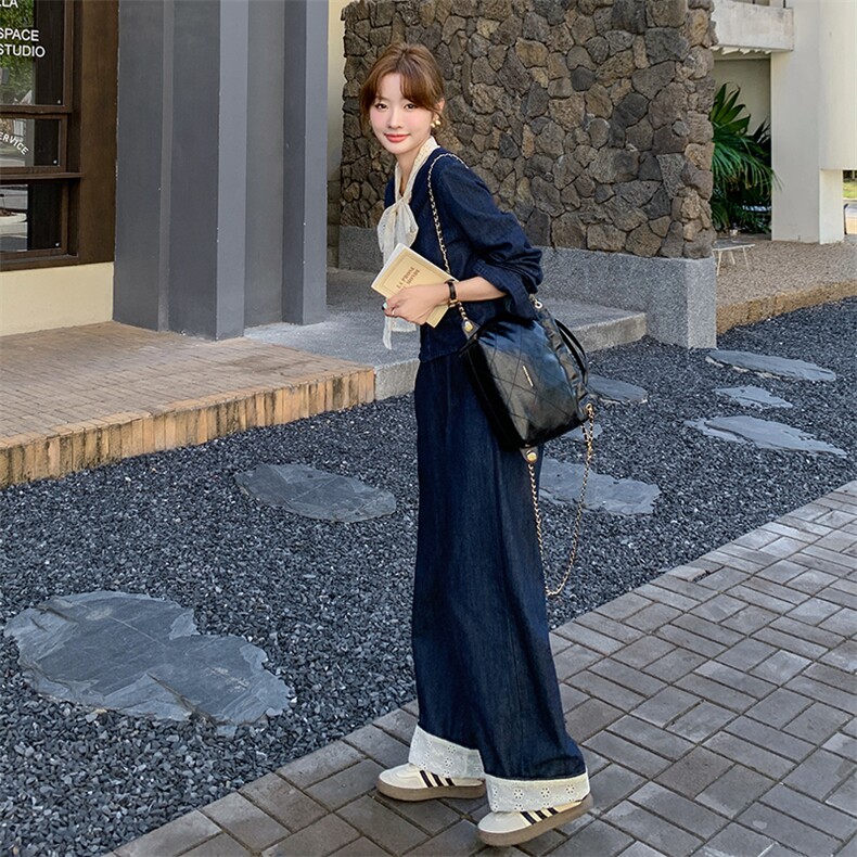 复古牛仔套装女春季新款小香风一整套穿搭韩系流行阔腿裤两件套,女装套装/套裙,2C108