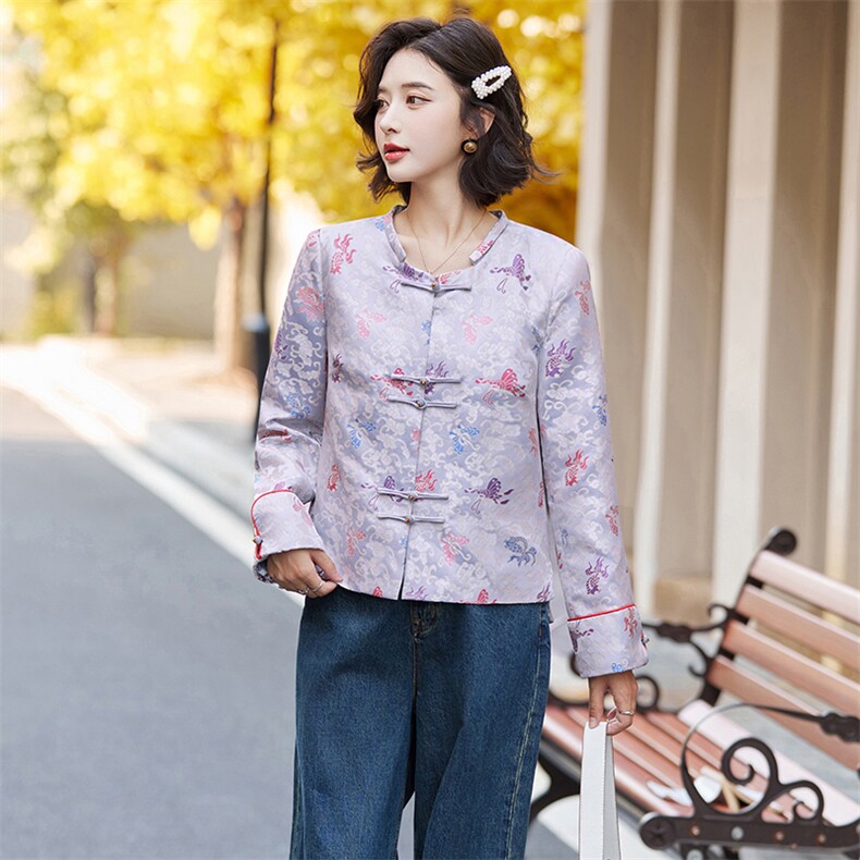 夏女装官网新款2025春季织锦缎国风外套长袖复古盘扣百搭外套,女装短外套,新依时派