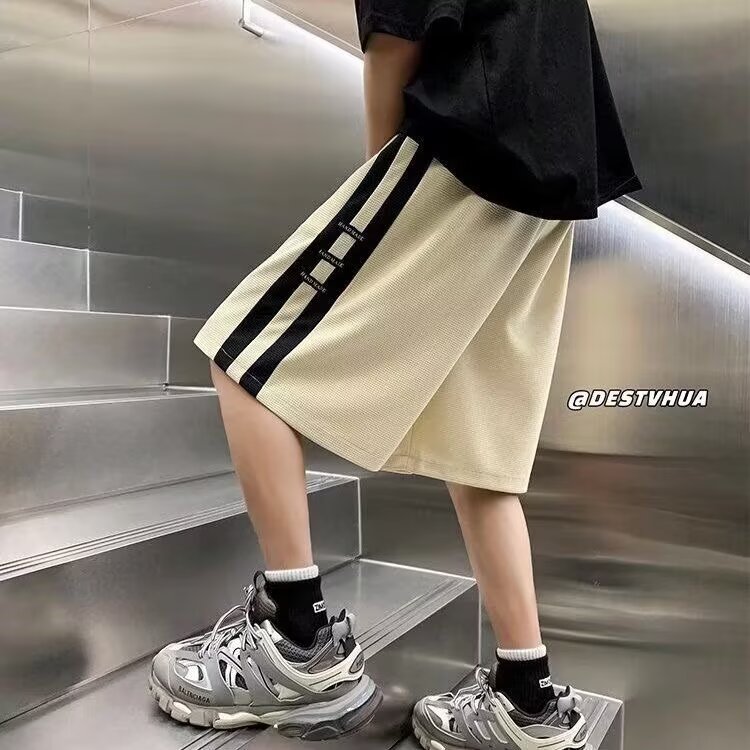 2025夏季新款短裤男篮球运动条纹拼色直筒宽松大码美式五分裤子,男装牛仔裤,星座1210-1