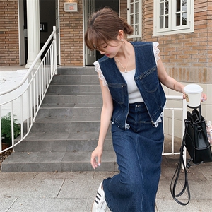 蓝色牛仔套装裙女2025年夏季新款高级感蕾丝拼接马甲半身裙两件套图片