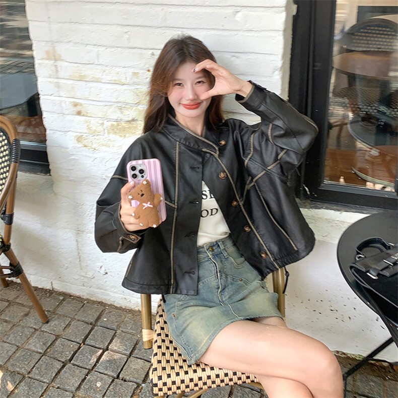 美拉德皮衣外套女小个子2024秋季新款美式复古棕色立领短款皮夹克,女装皮衣,纯色衣恋
