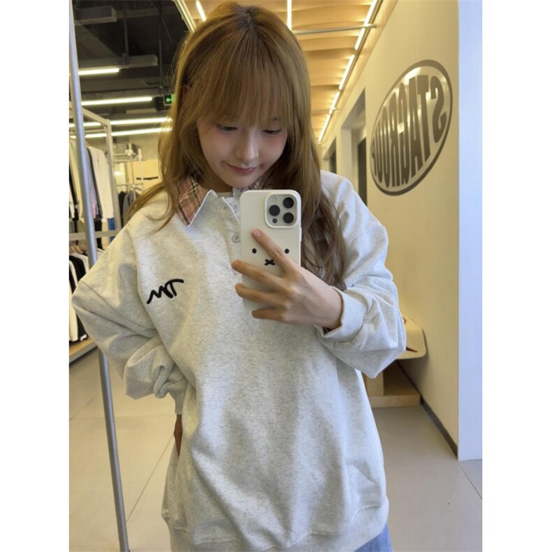 5279-P48美式学院风撞色格子polo领卫衣薄款/加绒，女装卫衣/绒衫，星座617A-2