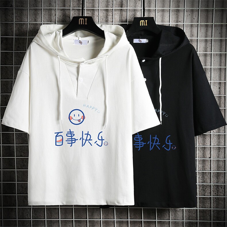 LD54183-P45连帽短袖t恤男大码胖子带帽五分袖中袖网格挂拍,男装T恤,电商A040A
