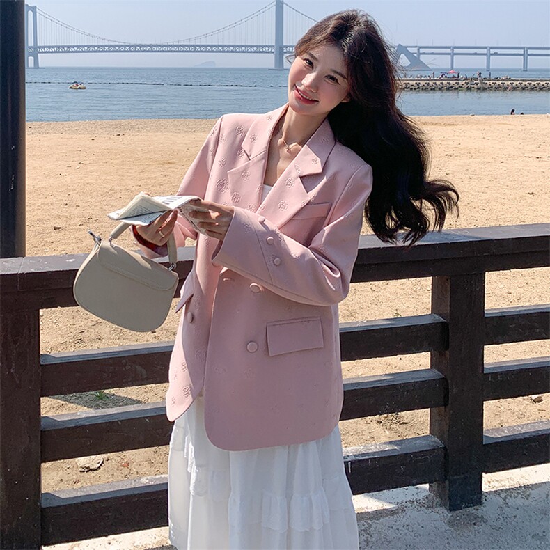 小个子提花粉色西服女2024春秋新款休闲宽松小众设计感小西装外套,女装西装,流量+