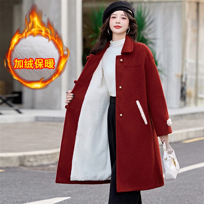 加绒羊毛大衣女2024年秋冬新款气质百搭环保毛领围脖保暖长款外套,女装毛呢外套,流量+