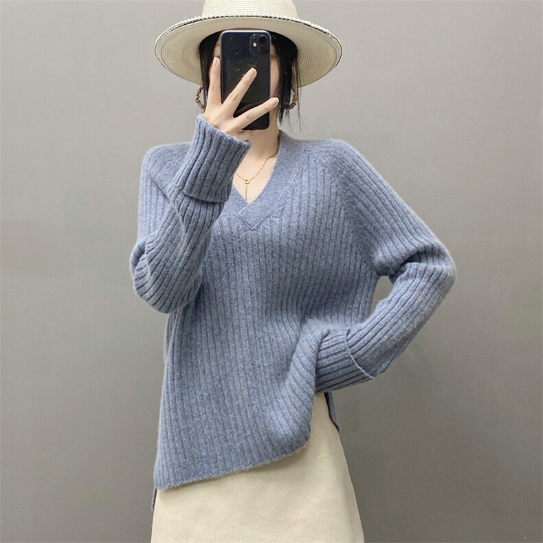 24新品5针3股前短后长V领山羊绒加厚保暖羊绒衫宽松时尚,女装羊绒衫,织绒羊