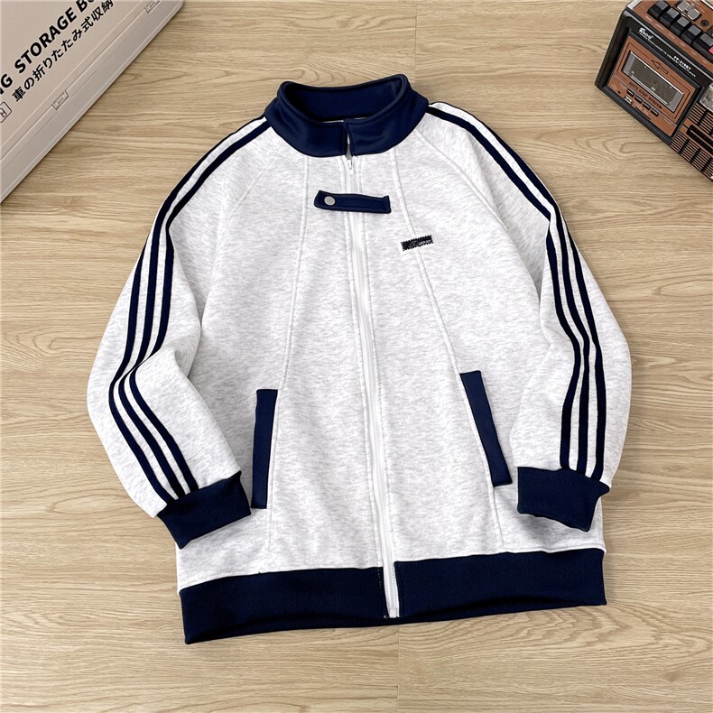 加绒加厚运动夹克男三条杠开衫卫衣棒球服外套JK004-P45 加绒P50图片