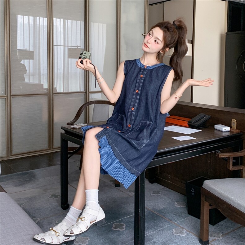 小个子精致无袖连衣裙女2025夏季新款港风设计感ins炸街牛仔A字裙,女装连衣裙,2C201