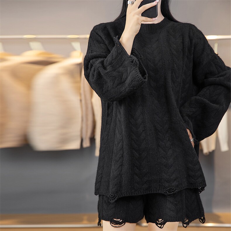 时尚秋季新款气质简约百搭潮流女士针织短裤套装,女装套装/套裙,悦玛羊绒