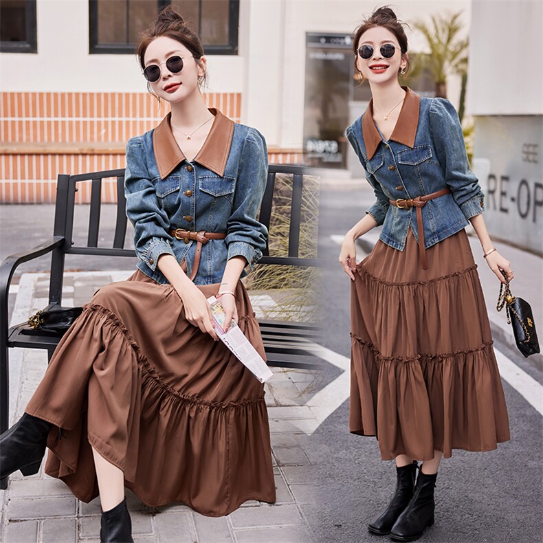 套装女2024春季新款时尚休闲牛仔上衣单排扣中长款连衣裙，女装连衣裙，天丝秀