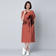 刺绣裙文艺风优雅中长款U型领麻短袖2492款，女装连衣裙，秋牧寒烟