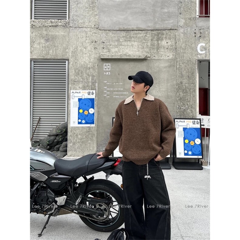 W10908-P60网图现货潮流文艺百搭高质量北极绒撞色翻领毛衣,男装针织衫/毛衣,星座1608