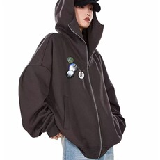 秋冬日系复古廓形徽章连帽卫衣男女生学院风基础款纯色外套-WY79，男装卫衣，星座601-1