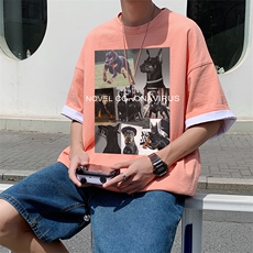 中性夏季潮流韩版帅气杜宾印花宽松情侣短袖T恤T32P25控38，男装T恤，A247A