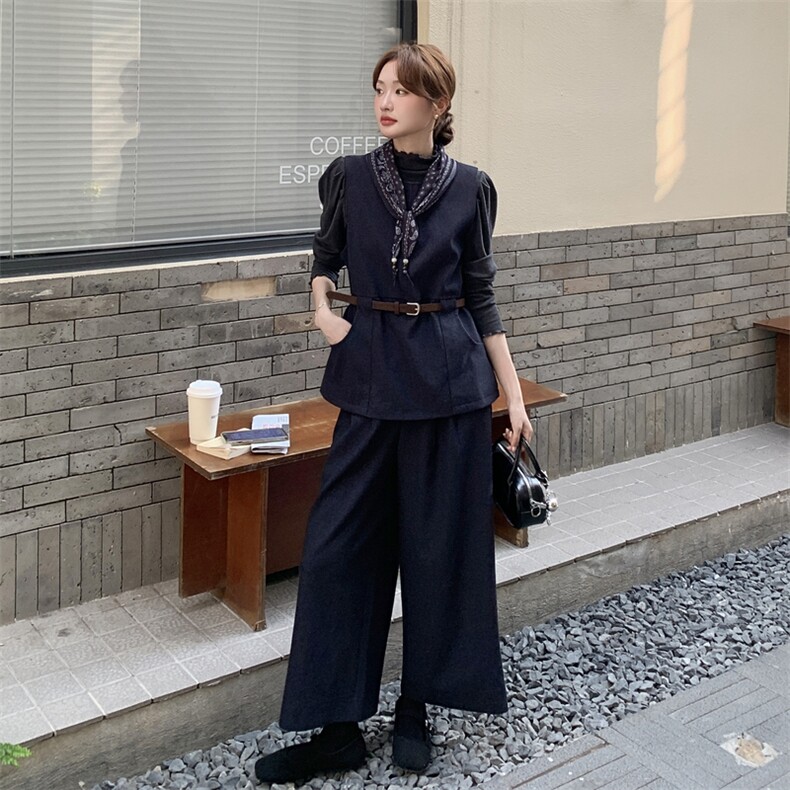 美拉德复古马甲套装女2025秋季新款轻熟御姐风打底衫阔腿裤三件套,女装套装/套裙,2C159