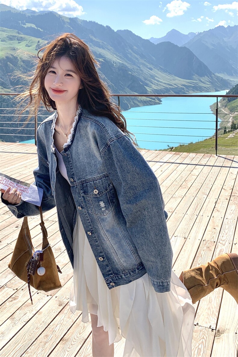 复古破洞花边领牛仔外套2025新款女春秋季设计感休闲独特chic夹克,女装短外套,2C166