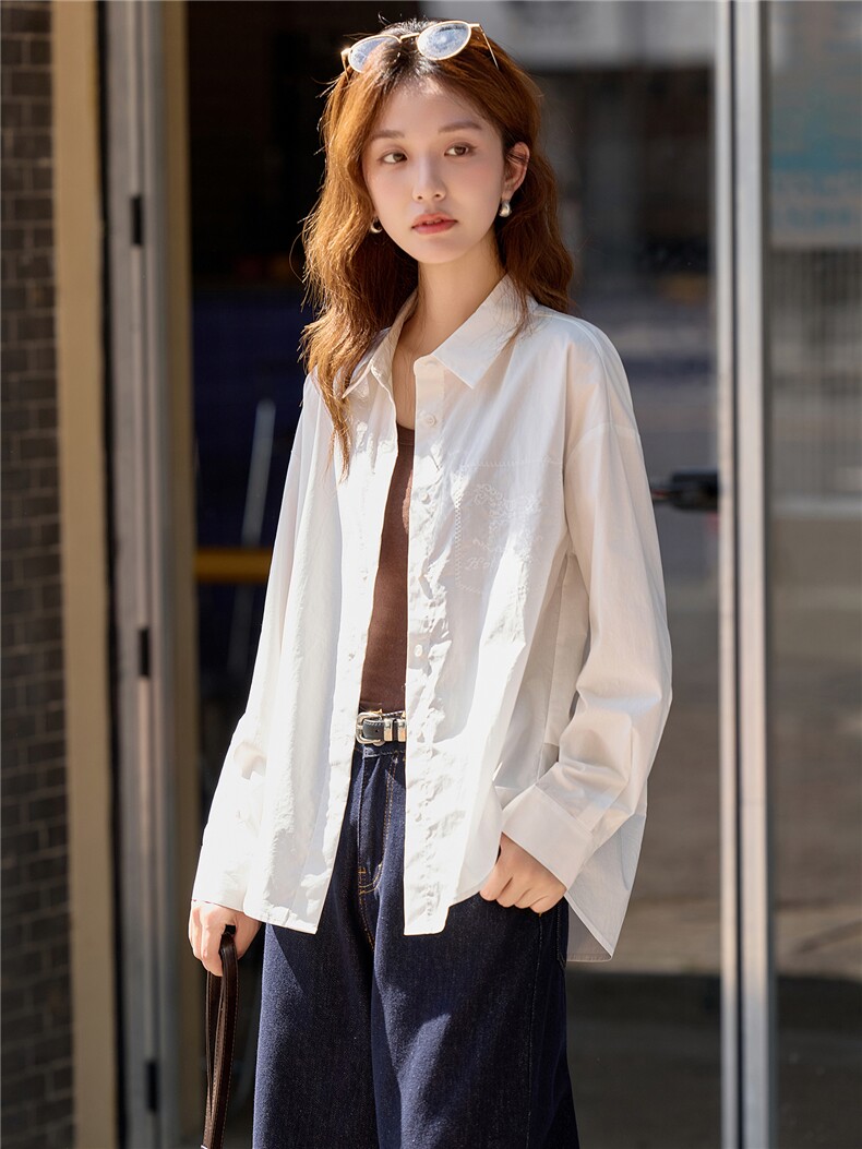 白色纯棉长袖开衫女2026秋季新款绣花衬衫打底搭配上衣,女装衬衫,梦懿尔