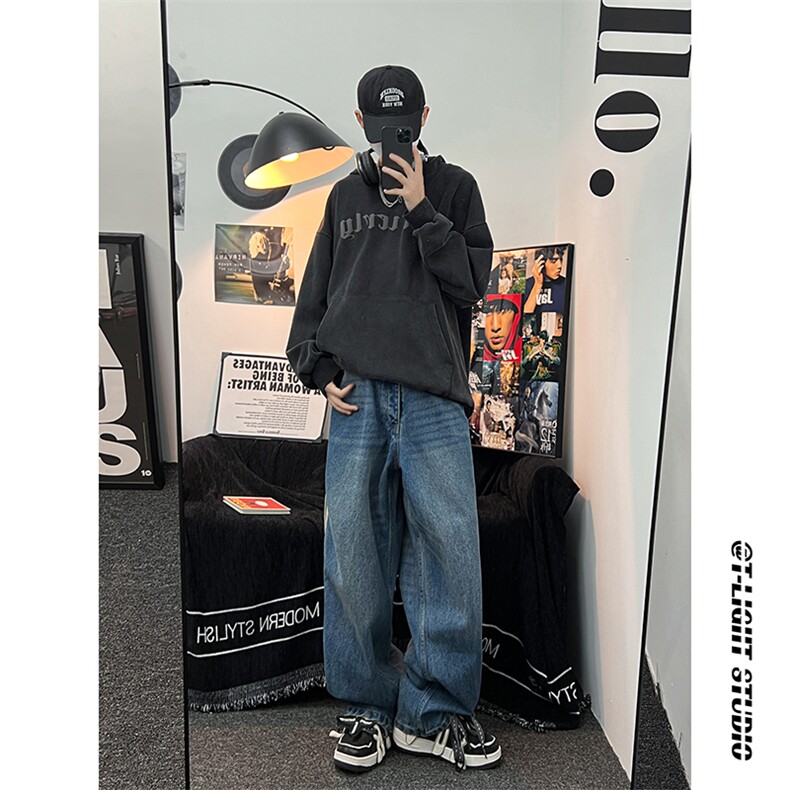B221美式ins高街小众宽松三条杠运动牛仔裤LK23130-P60控78,男装牛仔裤,电商B221