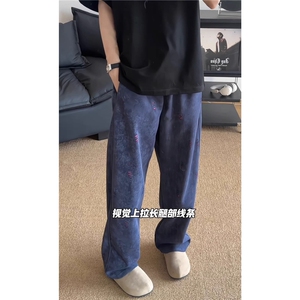 藏蓝色破洞扎染裤子男款春秋美式重磅斜切卫裤高裆显高直筒运动裤图片