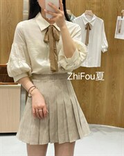 夏季新款“奶油泡芙”浅条纹撞色飘带灯笼袖小衬衣，其它，知否