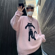 潮牌猫咪慵懒套头毛衣男2024秋冬宽松美式针织衫上衣M03，男装针织衫/毛衣，星座1116A-1（原606A）