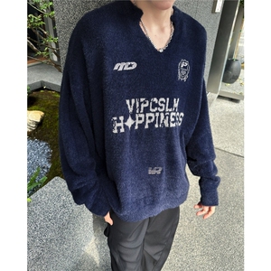 街客美式复古V领球服运动毛衣男慵懒高级感学院风针织衫外套春秋图片