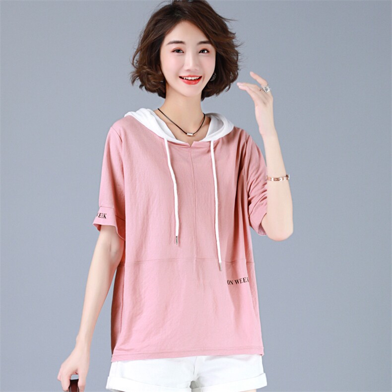 连帽宽松短袖通勤T恤2021年夏季潮流时尚百搭韩版，女装T恤，丽影随形