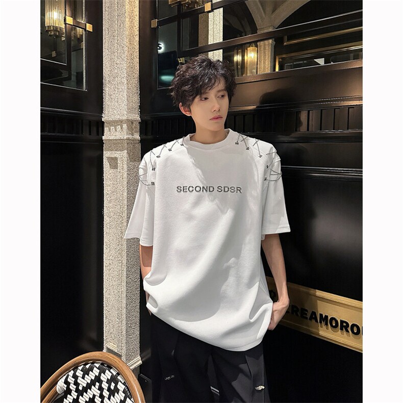 现货！25夏男士设计感金属链条帮点设计感垫肩短袖DX177-P78,男装T恤,电商B288