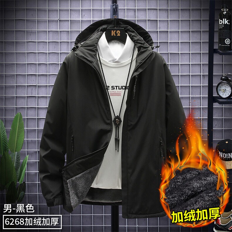 加绒加厚外贸大码户外连帽防风防水运动外套冲锋衣夹克H6268-P70图片